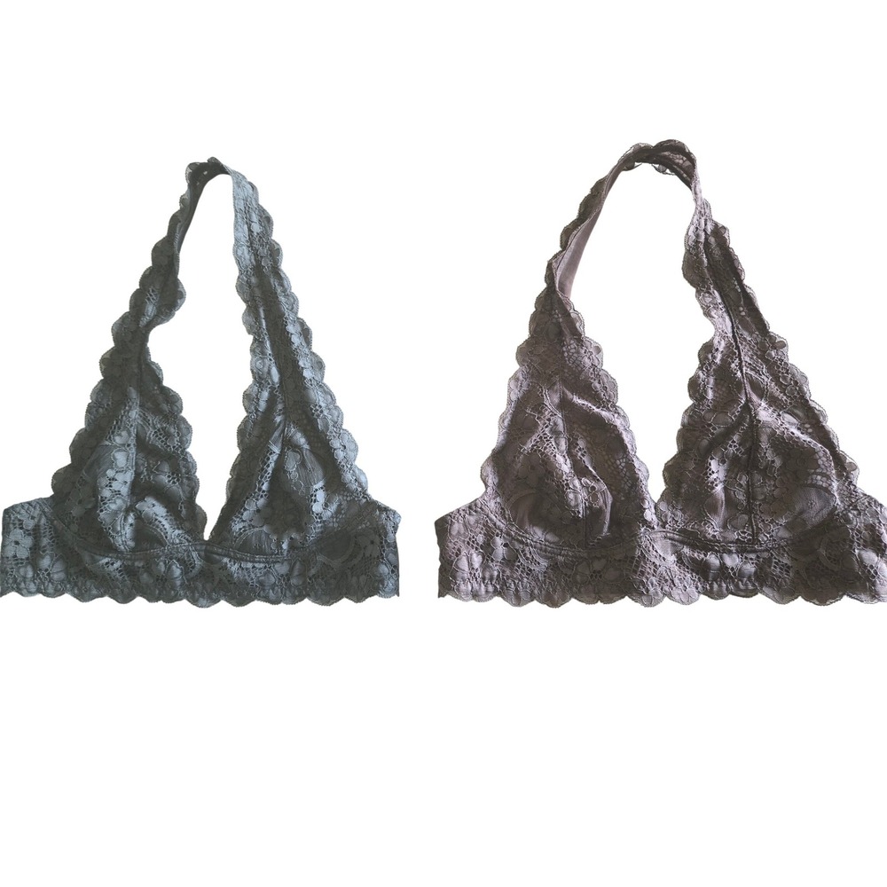 Free People Intimately Galloon Lace Halter Bralette 2 Pack Grey Mauve Small Bra